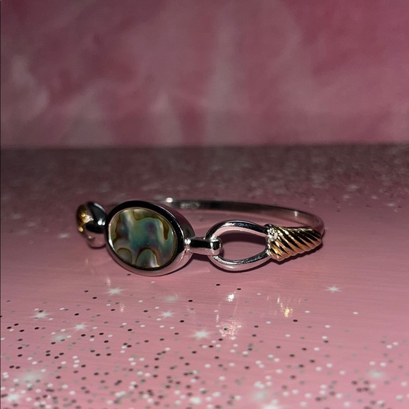 Avon Vintage Silver, Gold Tone Abalone Hinged Bangle Bracelet - Picture 5 of 9